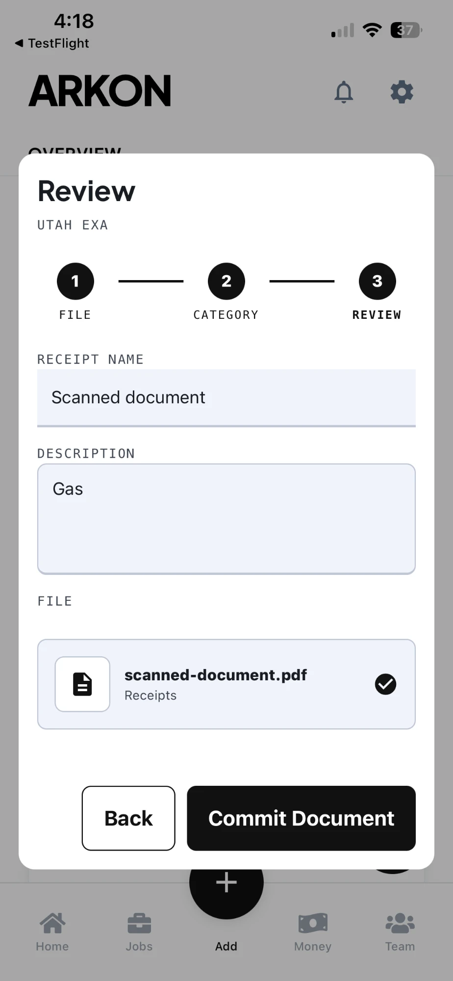 Reviewing and confirming a parsed document in the Arkon app