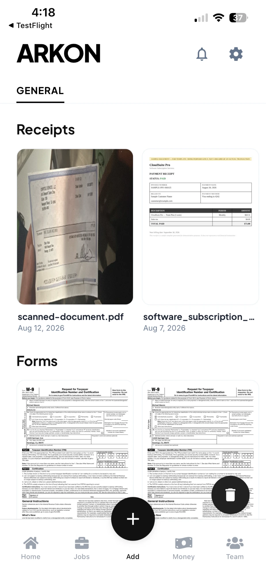 Documents organized by category in the Arkon app